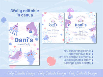 Birthday Party Canva Invitation Templates Sea Creature Themed Children Editable Canva Templates Happy Birthday Celebration Cards