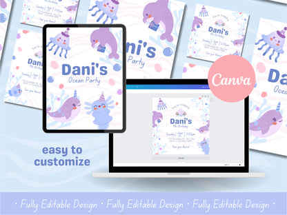 Birthday Party Canva Invitation Templates Sea Creature Themed Children Editable Canva Templates Happy Birthday Celebration Cards