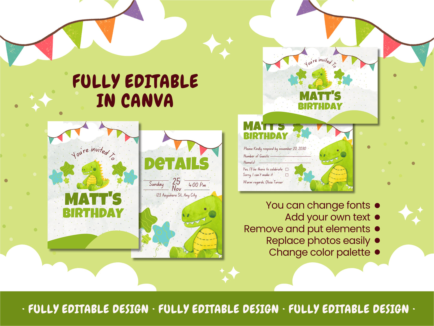 Birthday Party Canva Invitation Templates Fully Editable Canva Templates Dinosaur Adventure  Prehistoric Fun Happy Birthday Invitation Cards