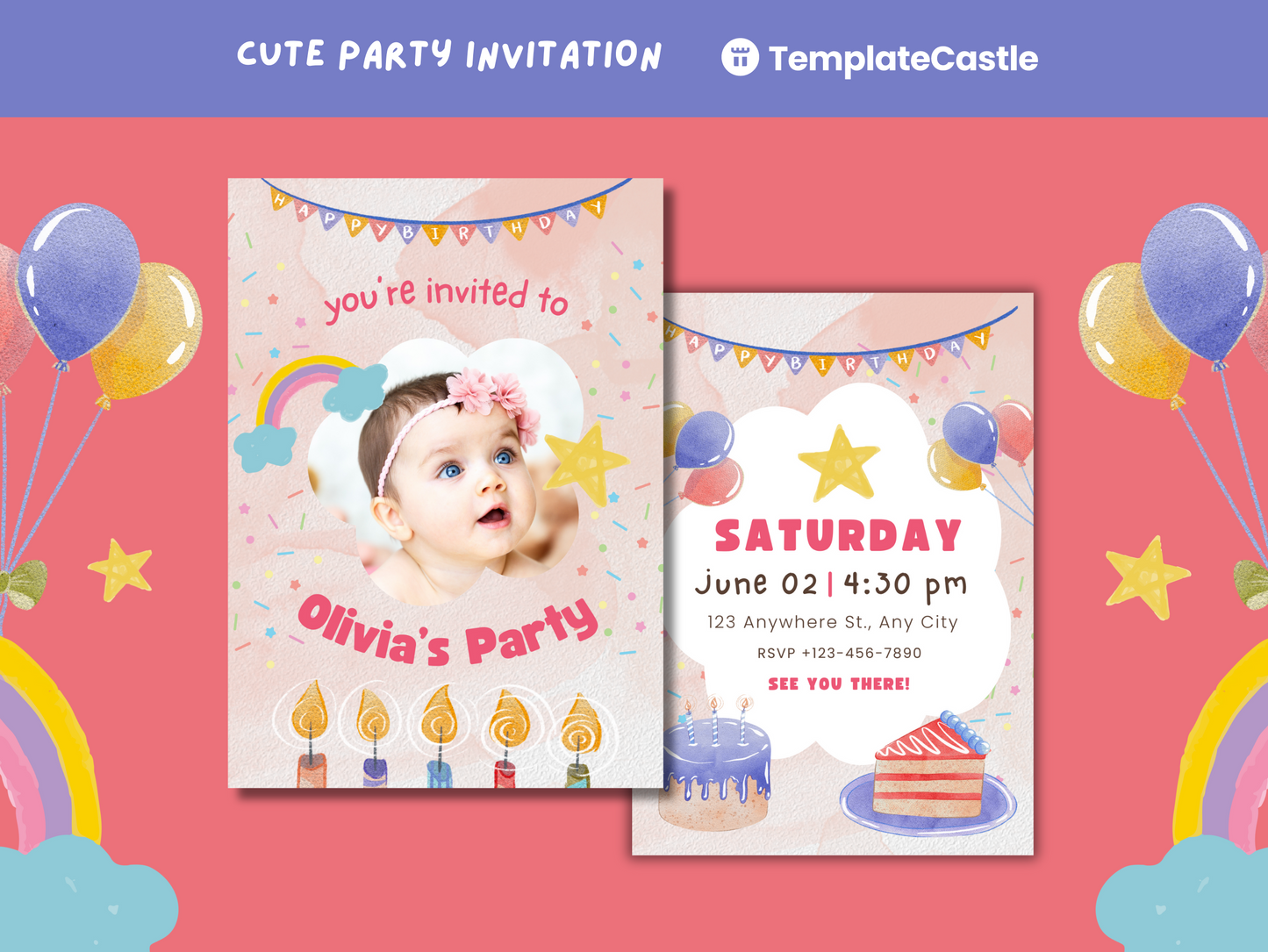 Birthday Party Canva Invitation Templates  Canva Fully Editable Kids Party Celebration Cards Pastel Rainbow Templates