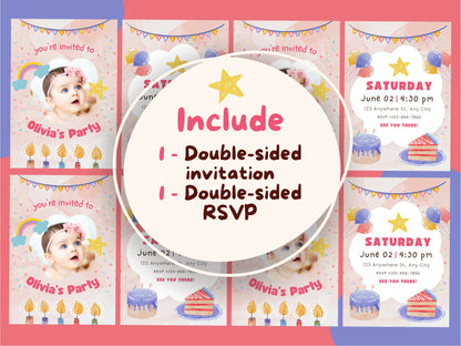 Birthday Party Canva Invitation Templates  Canva Fully Editable Kids Party Celebration Cards Pastel Rainbow Templates