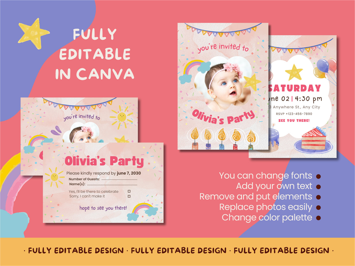 Birthday Party Canva Invitation Templates  Canva Fully Editable Kids Party Celebration Cards Pastel Rainbow Templates