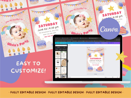 Birthday Party Canva Invitation Templates  Canva Fully Editable Kids Party Celebration Cards Pastel Rainbow Templates