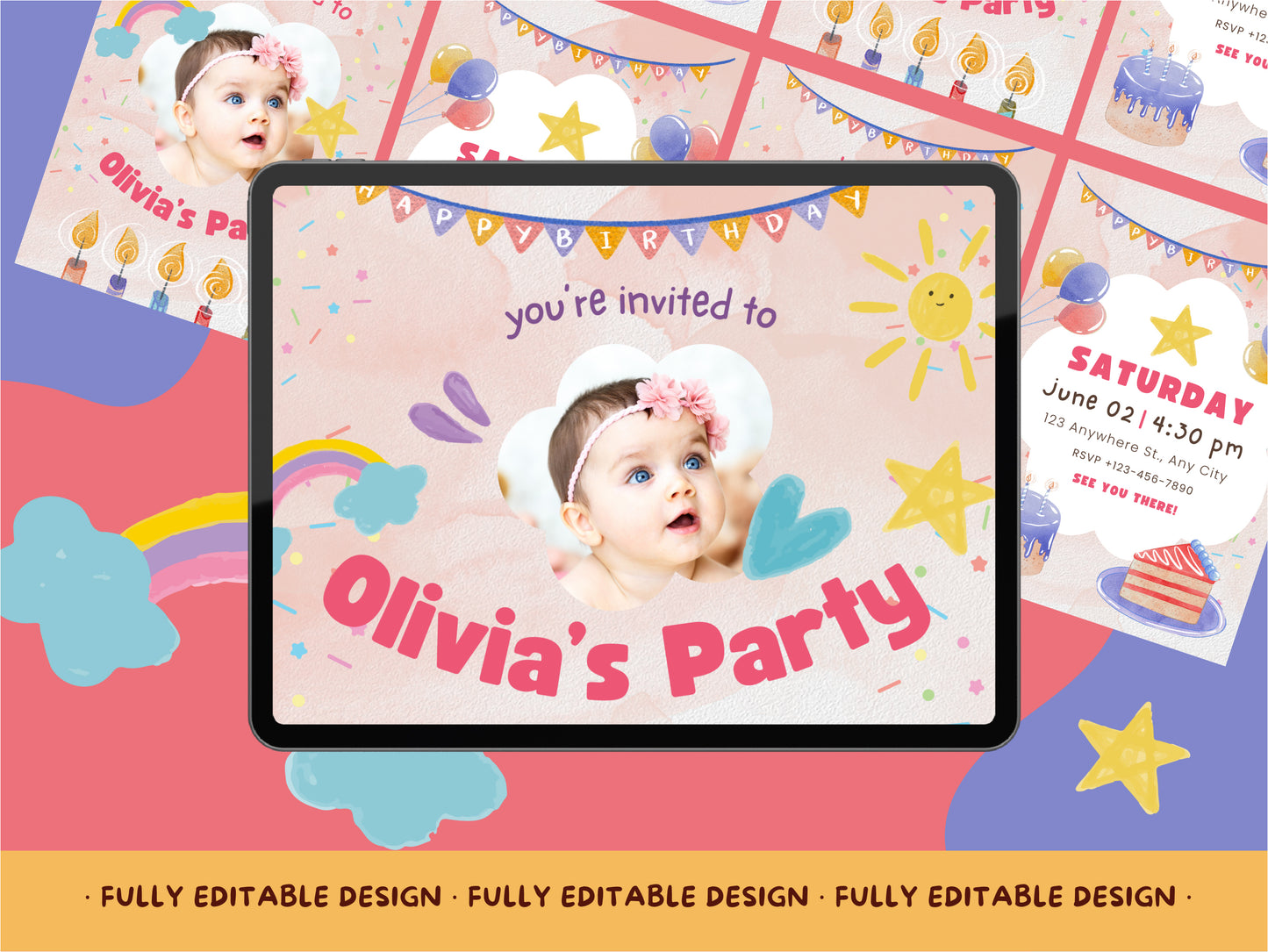 Birthday Party Canva Invitation Templates  Canva Fully Editable Kids Party Celebration Cards Pastel Rainbow Templates