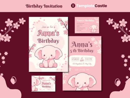 Birthday Party Canva Invitation Templates  Fully Editable Canva Templates Pink Elephant Happy Birthday Cards