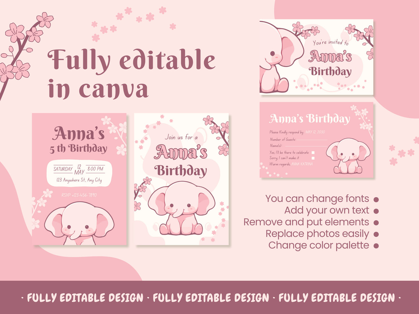 Birthday Party Canva Invitation Templates  Fully Editable Canva Templates Pink Elephant Happy Birthday Cards