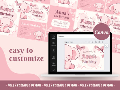 Birthday Party Canva Invitation Templates  Fully Editable Canva Templates Pink Elephant Happy Birthday Cards