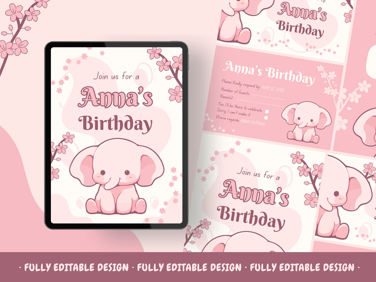 Birthday Party Canva Invitation Templates  Fully Editable Canva Templates Pink Elephant Happy Birthday Cards