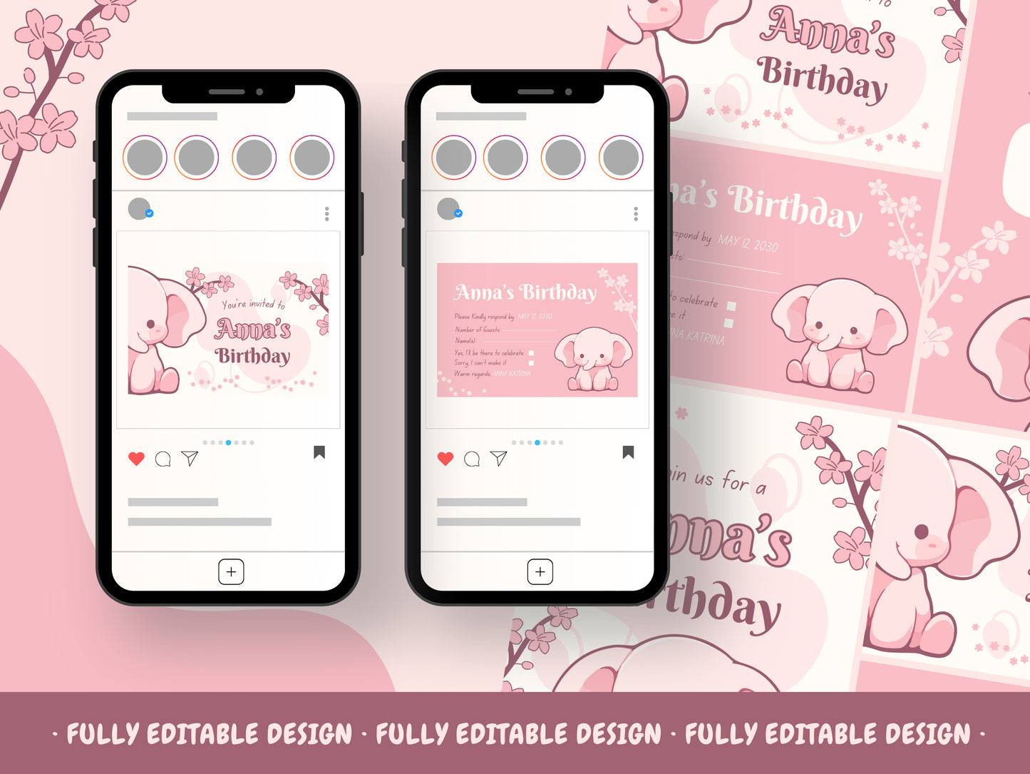 Birthday Party Canva Invitation Templates  Fully Editable Canva Templates Pink Elephant Happy Birthday Cards