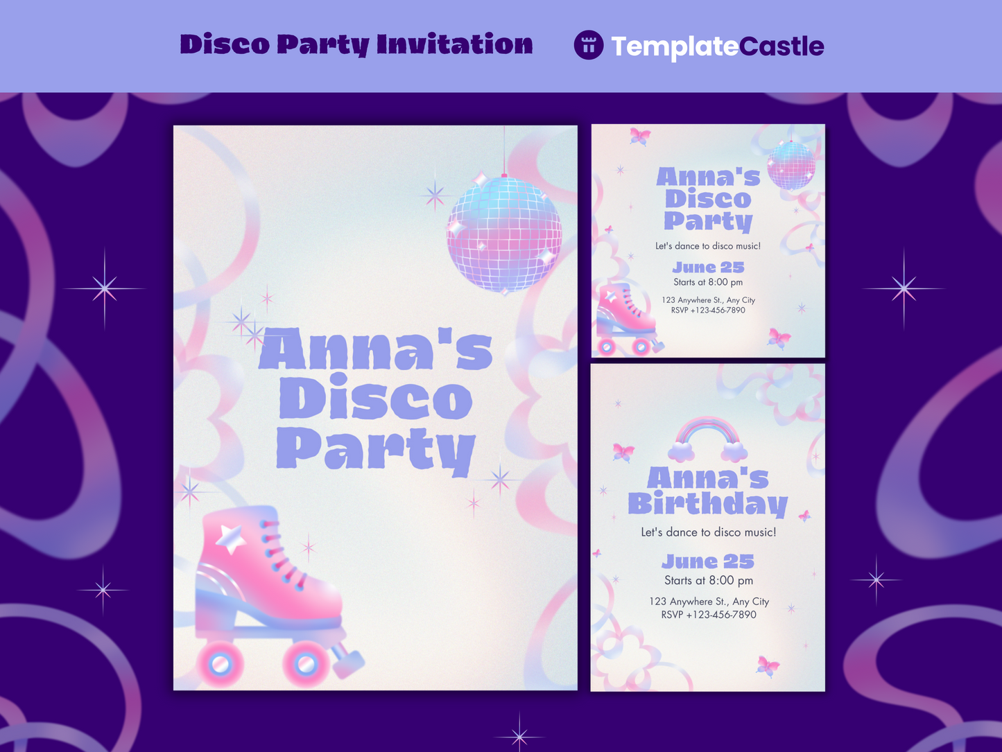 Disco Party Canva Invitation Templates Canva Editable Templates Retro Roller Skate Celebration Cards