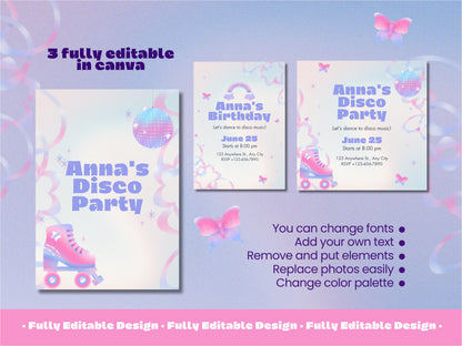 Disco Party Canva Invitation Templates Canva Editable Templates Retro Roller Skate Celebration Cards