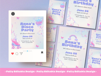 Disco Party Canva Invitation Templates Canva Editable Templates Retro Roller Skate Celebration Cards