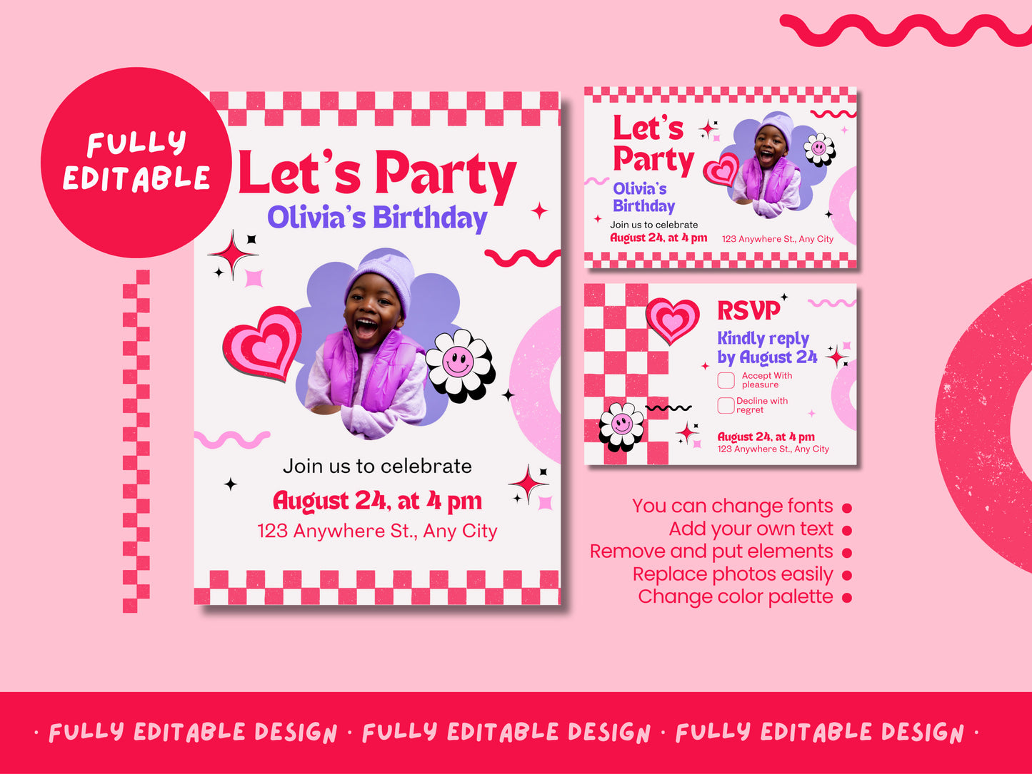 Birthday Party Canva Invitation Templates Playful Hearts Canva  Editable Templates happy Birthday Lovely Cards