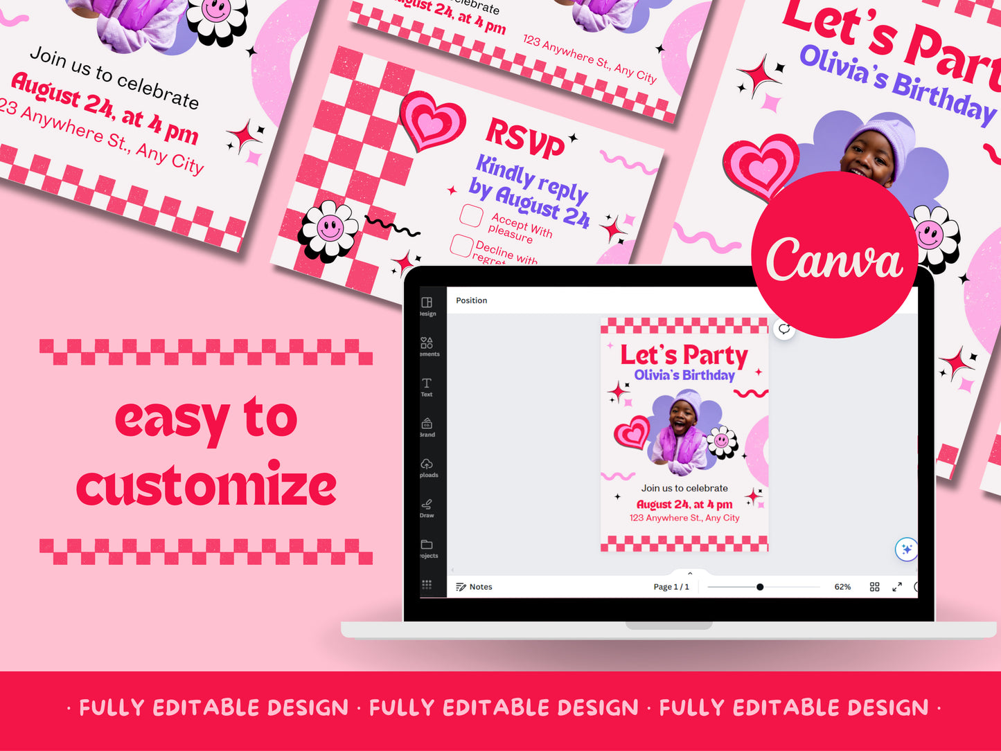 Birthday Party Canva Invitation Templates Playful Hearts Canva  Editable Templates happy Birthday Lovely Cards