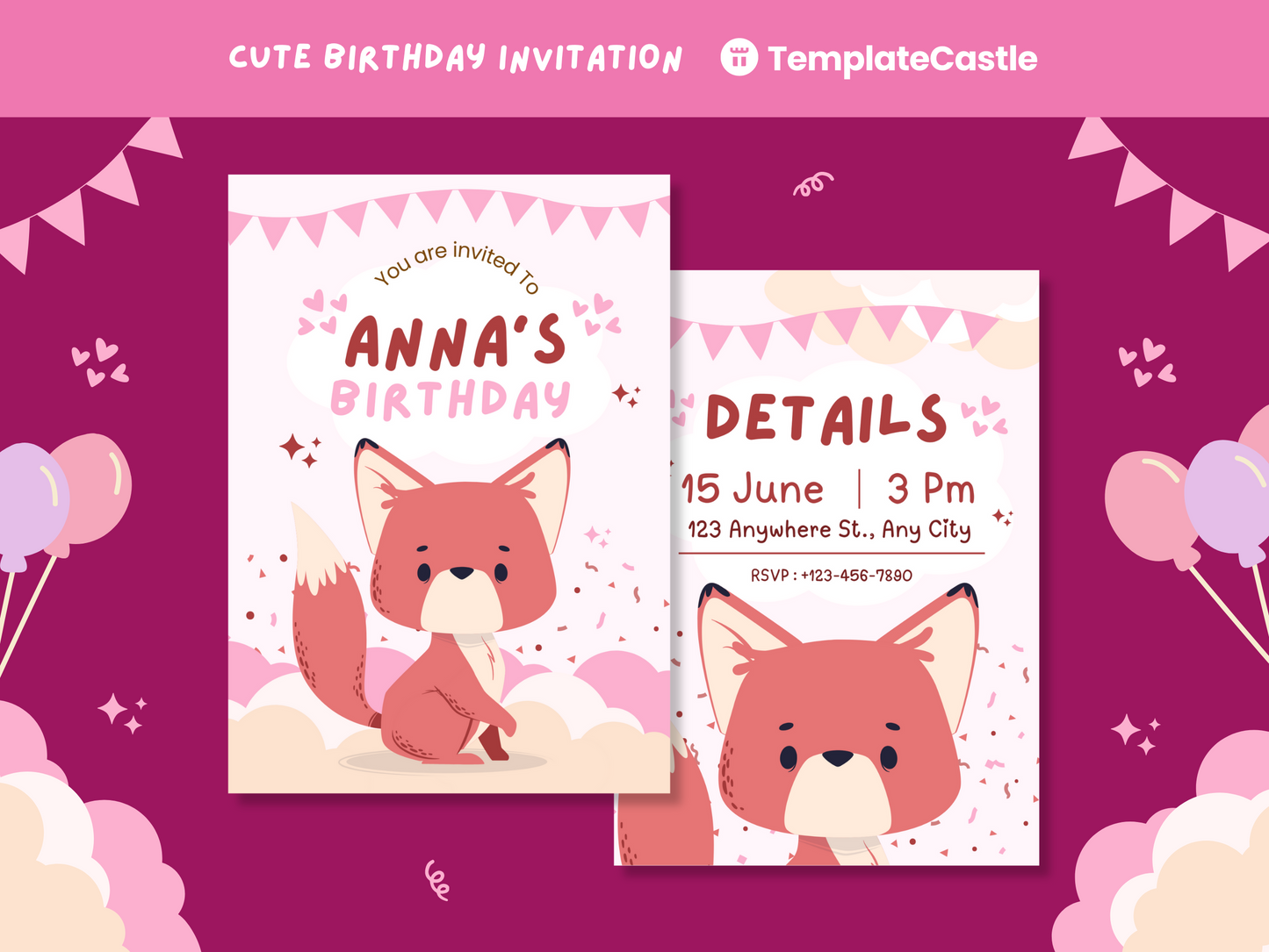 Birthday Party Canva Invitations Templates Happy Birthday Cute Fox Cards Fully Editable Canva Templates Kids Party Celebrations Cards