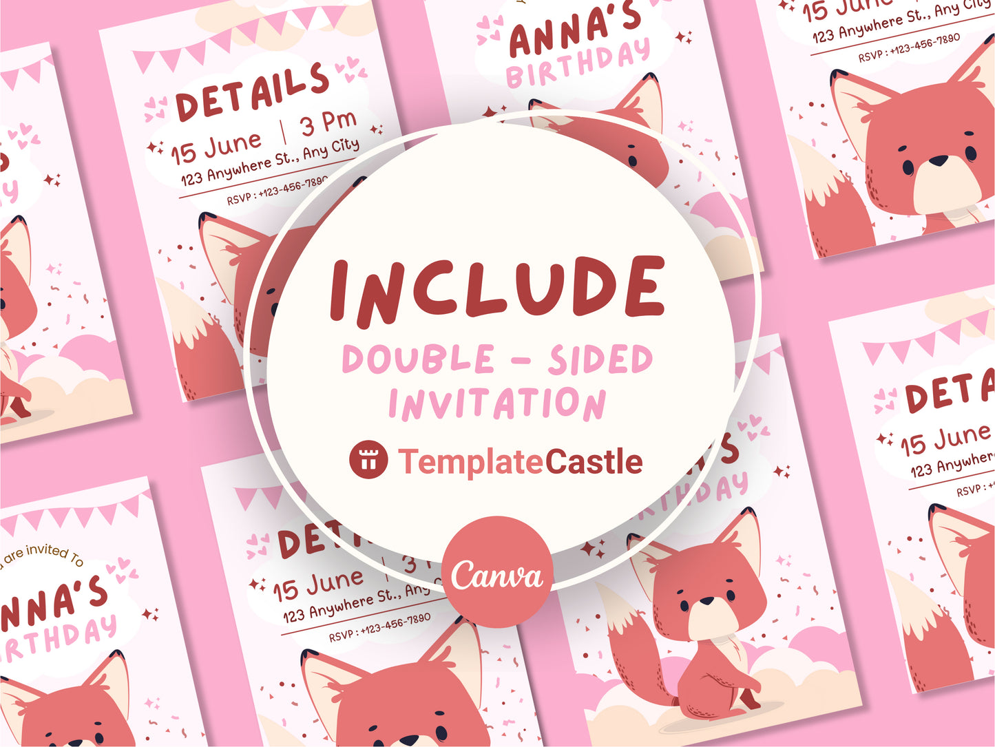 Birthday Party Canva Invitations Templates Happy Birthday Cute Fox Cards Fully Editable Canva Templates Kids Party Celebrations Cards