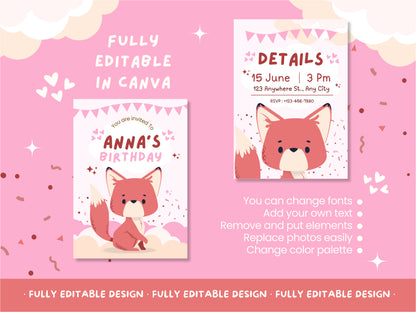 Birthday Party Canva Invitations Templates Happy Birthday Cute Fox Cards Fully Editable Canva Templates Kids Party Celebrations Cards