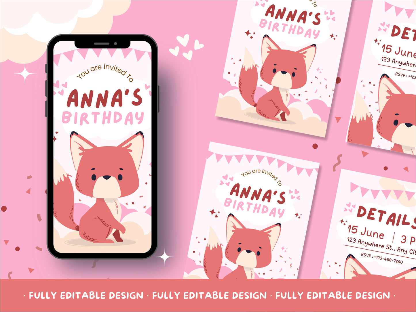 Birthday Party Canva Invitations Templates Happy Birthday Cute Fox Cards Fully Editable Canva Templates Kids Party Celebrations Cards