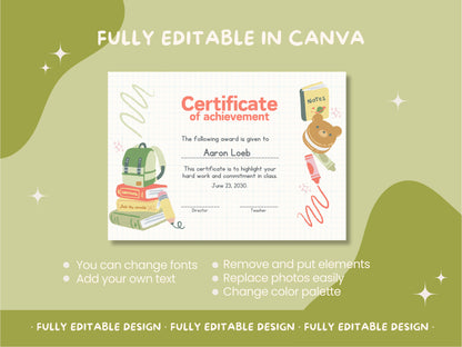 School Canva Certificate Template Students Fully Editable Canva Template High School Diploma educational certificate Cute Award