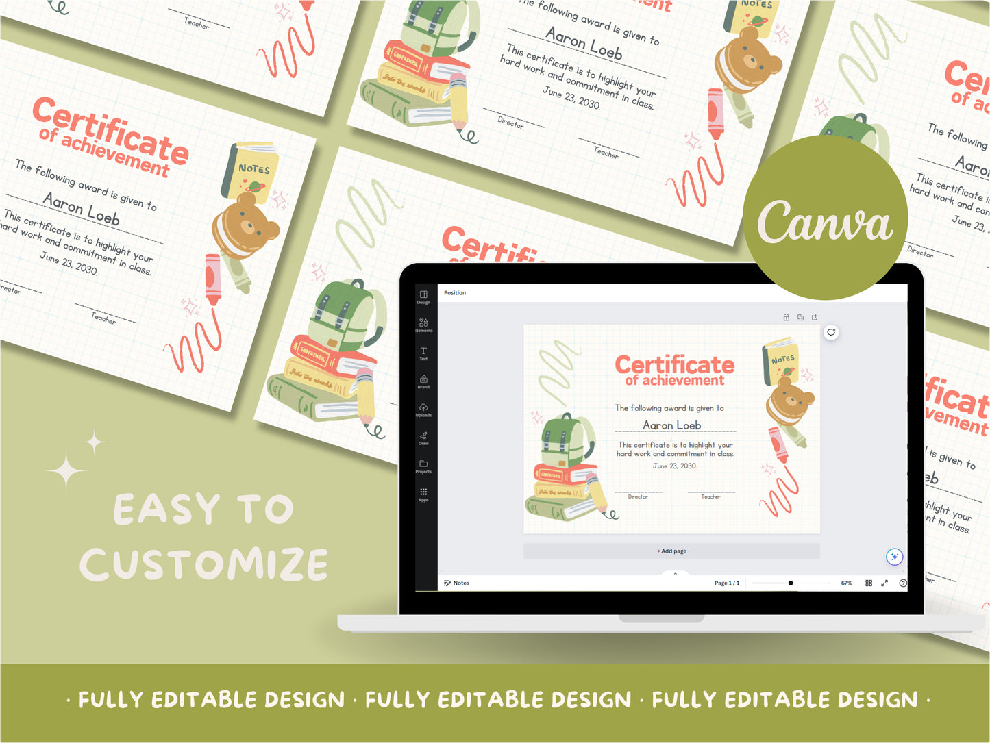 School Canva Certificate Template Students Fully Editable Canva Template High School Diploma educational certificate Cute Award