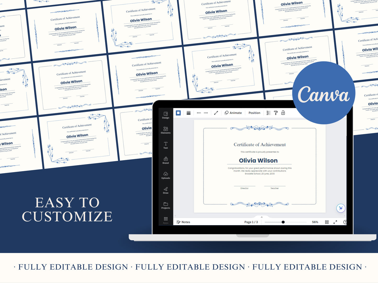 Elegant Certificate Floral Canva Templates Fully Editable Canva Template Sophisticated School Diploma Template