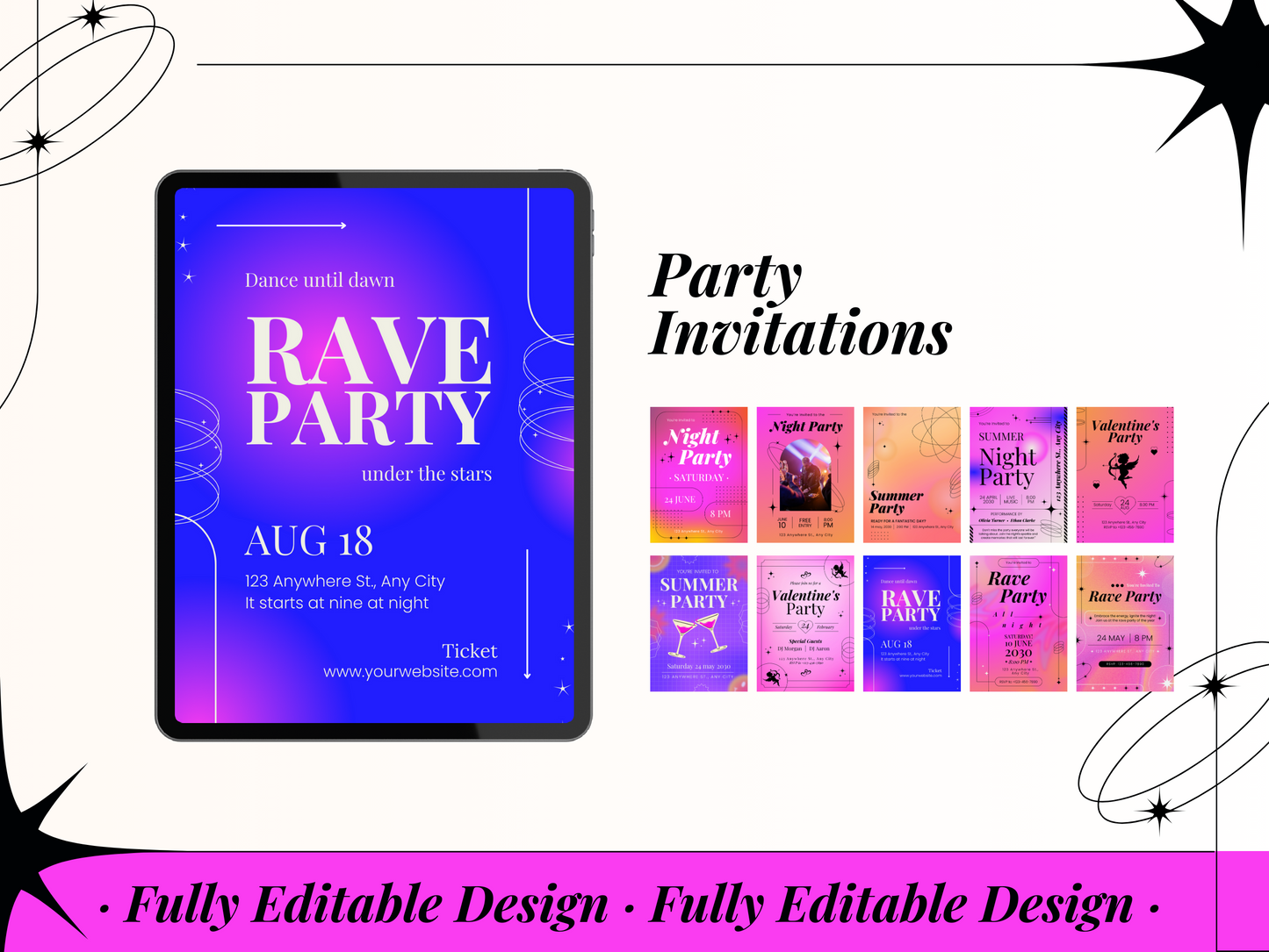 30 Gradient Invitation Templates Bundle: Editable Canva Templates for Birthday, Wedding, Festival & Art Events