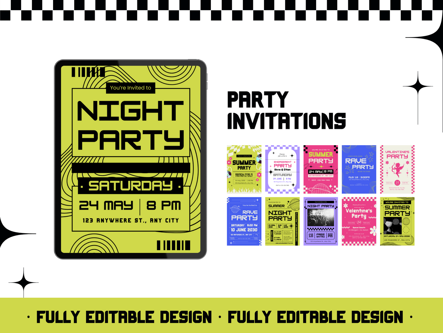 30 Retro Y2K Canva Invitation Templates Bundle - Editable Wedding, Party, Art & Music Event Digital Invites