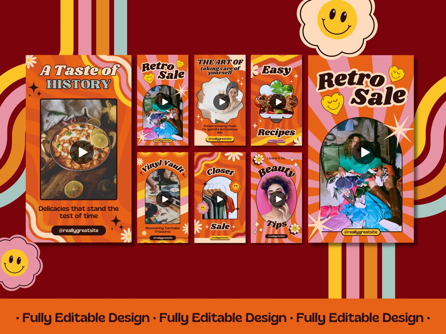 20 Retro Reels Templates Groovy Canva Editable Reels Vintage Social Media Templates 70's Style IG Reels Instagram Reels