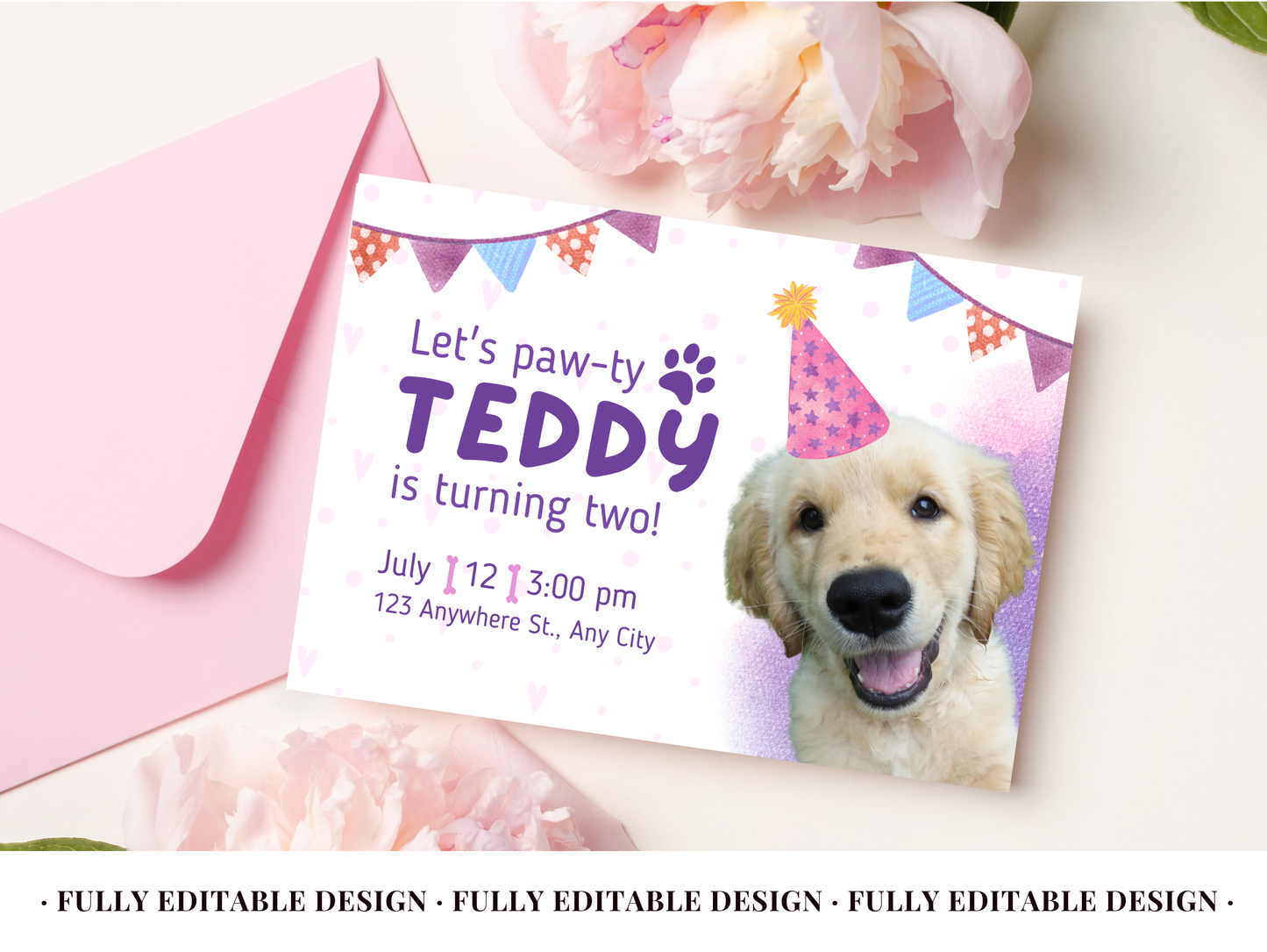 Let's Paw-ty - Pet Birthday Canva Invitation Template - Customizable & Cute Design for Teddy's Celebration