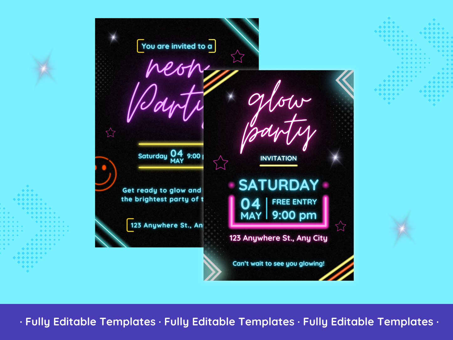 Neon Party Invitations Templates Bundle Canva Editable Neon Party Invitations Templates Customizable Glow Party Invitations Design Pack