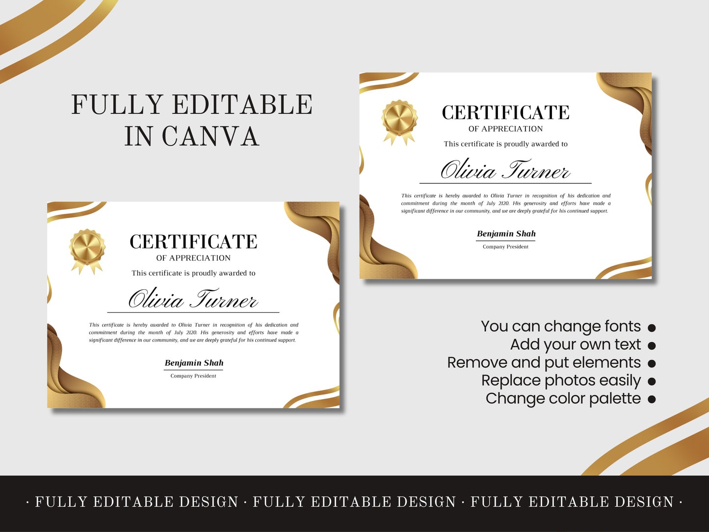 Elegant Certificate Canva Template Luxury Certificate Recognition Gold Modern Template Professional Customizable Appreciation