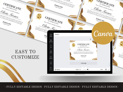 Elegant Certificate Canva Template Luxury Certificate Recognition Gold Modern Template Professional Customizable Appreciation