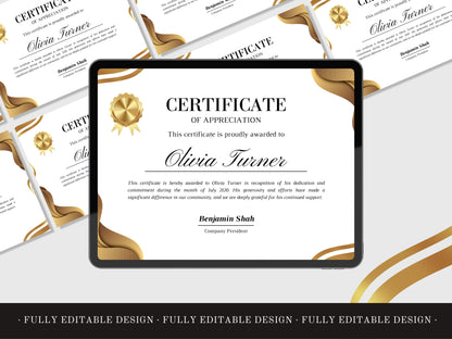 Elegant Certificate Canva Template Luxury Certificate Recognition Gold Modern Template Professional Customizable Appreciation