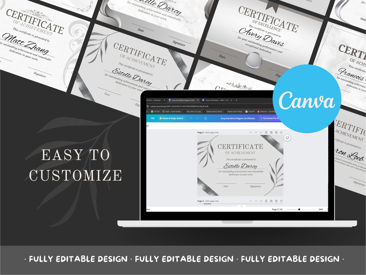 10 Certificates Elegant Canva Templates Professional Recognition Classic And Elegant Monochrome Fully Editable Certificate Achievement