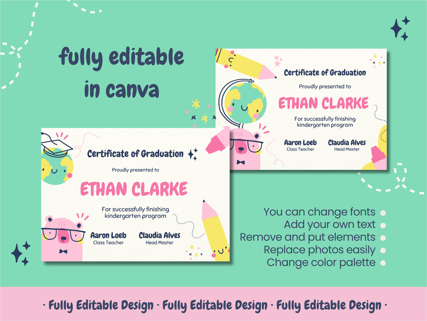 Kindergarten Certificate Canva Template Children Appreciation Fully Editable Colorful Kid Recognition Certificate Instant Download