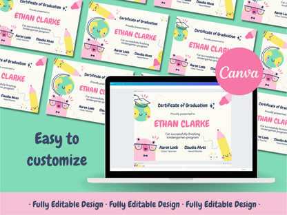 Kindergarten Certificate Canva Template Children Appreciation Fully Editable Colorful Kid Recognition Certificate Instant Download