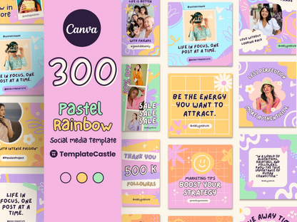 300 Pastel Rainbow Canva Social Media Templates for Posts, Stories, and Highlights