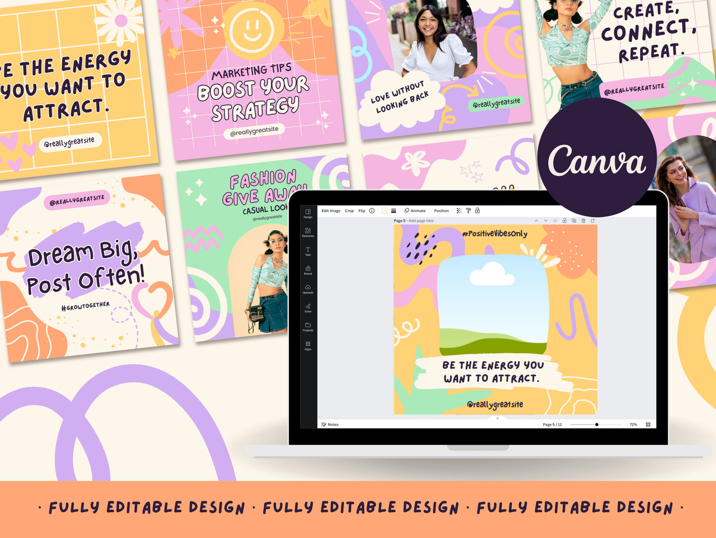 300 Pastel Rainbow Canva Social Media Templates for Posts, Stories, and Highlights