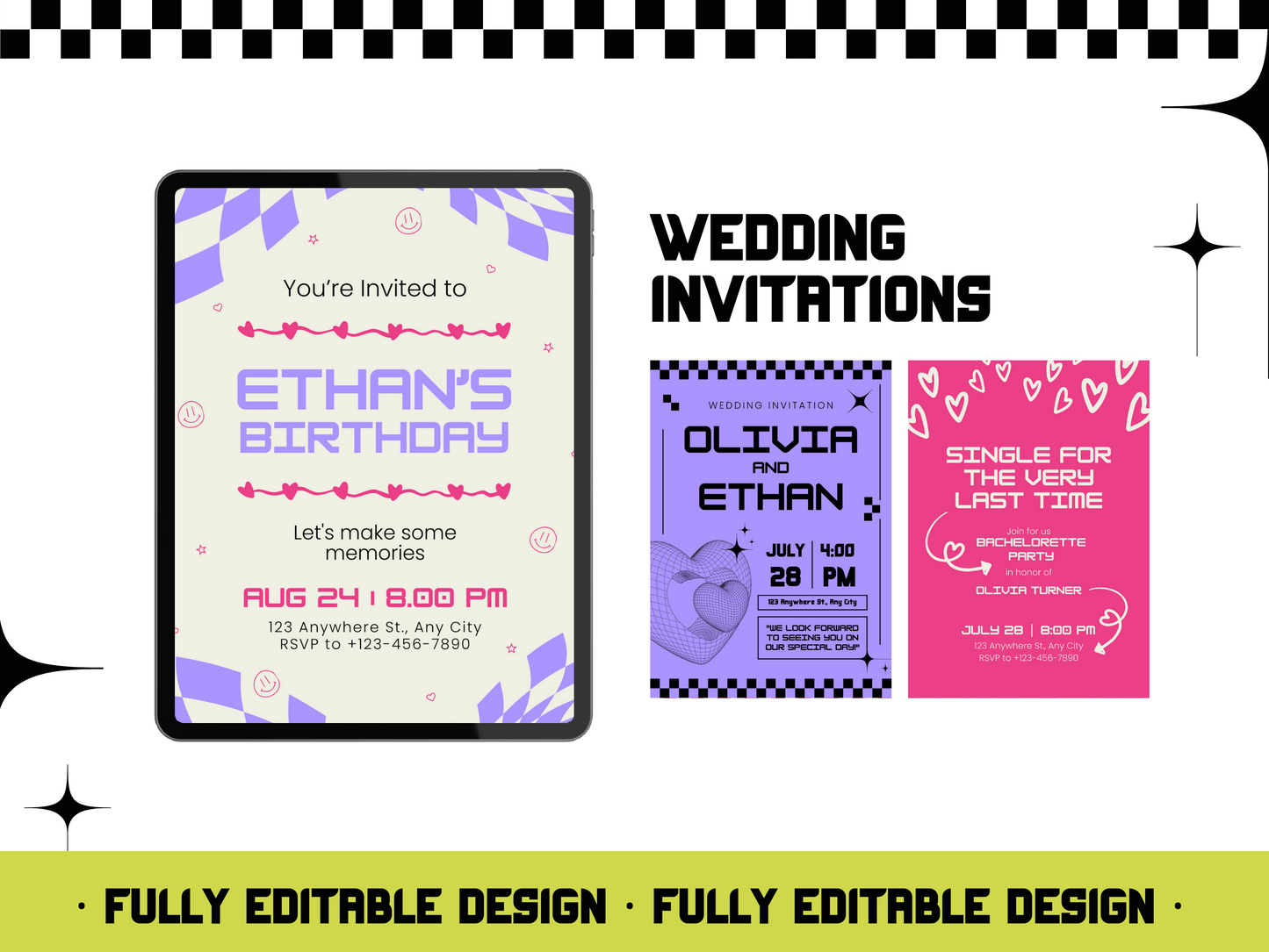 30 Retro Y2K Canva Invitation Templates Bundle - Editable Wedding, Party, Art & Music Event Digital Invites