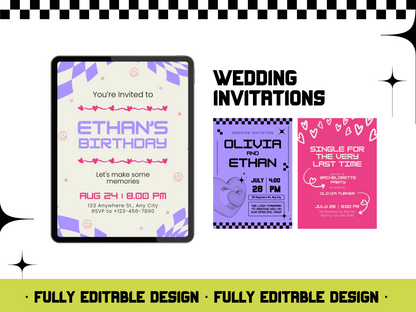 30 Retro Y2K Canva Invitation Templates Bundle - Editable Wedding, Party, Art & Music Event Digital Invites