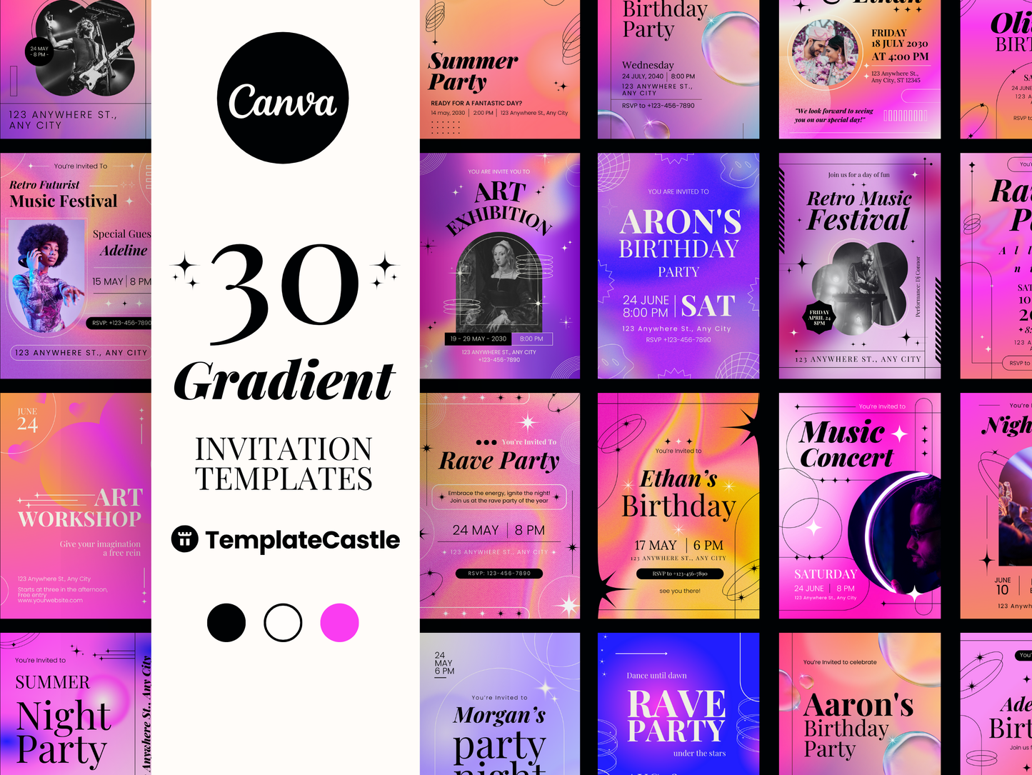 30 Gradient Invitation Templates Bundle: Editable Canva Templates for Birthday, Wedding, Festival & Art Events