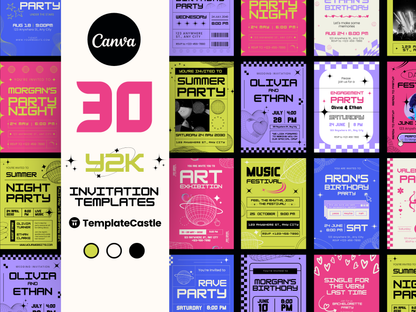 30 Retro Y2K Canva Invitation Templates Bundle - Editable Wedding, Party, Art & Music Event Digital Invites