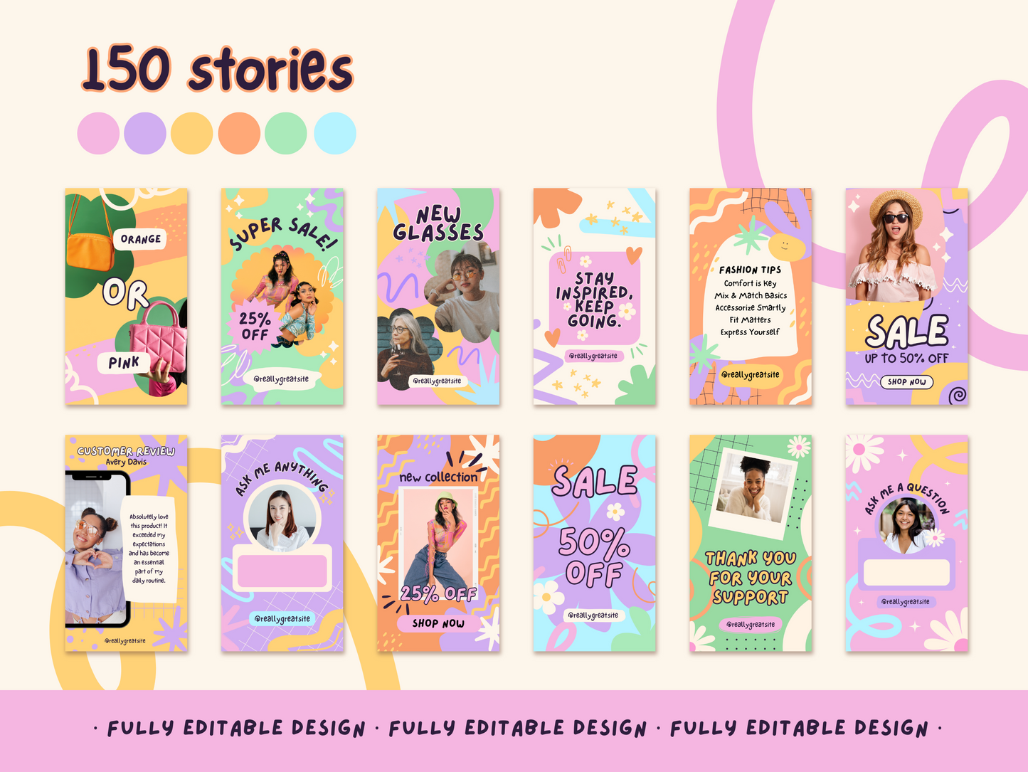 150 Pastel Rainbow IG Story Templates - Editable Fashion Stories & Content Creator Canva Templates for Bright Instagram Branding