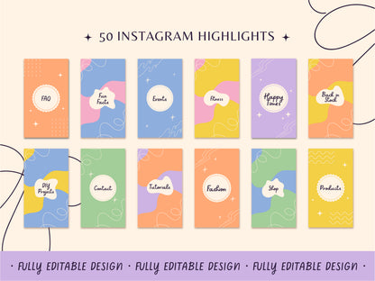 50 Instagram Highlights Templates Pastel Story Covers Editable Bright Templates for Branding Social Media Highlights