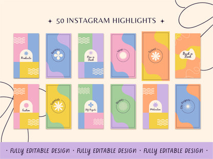 50 Instagram Highlights Templates Pastel Story Covers Editable Bright Templates for Branding Social Media Highlights