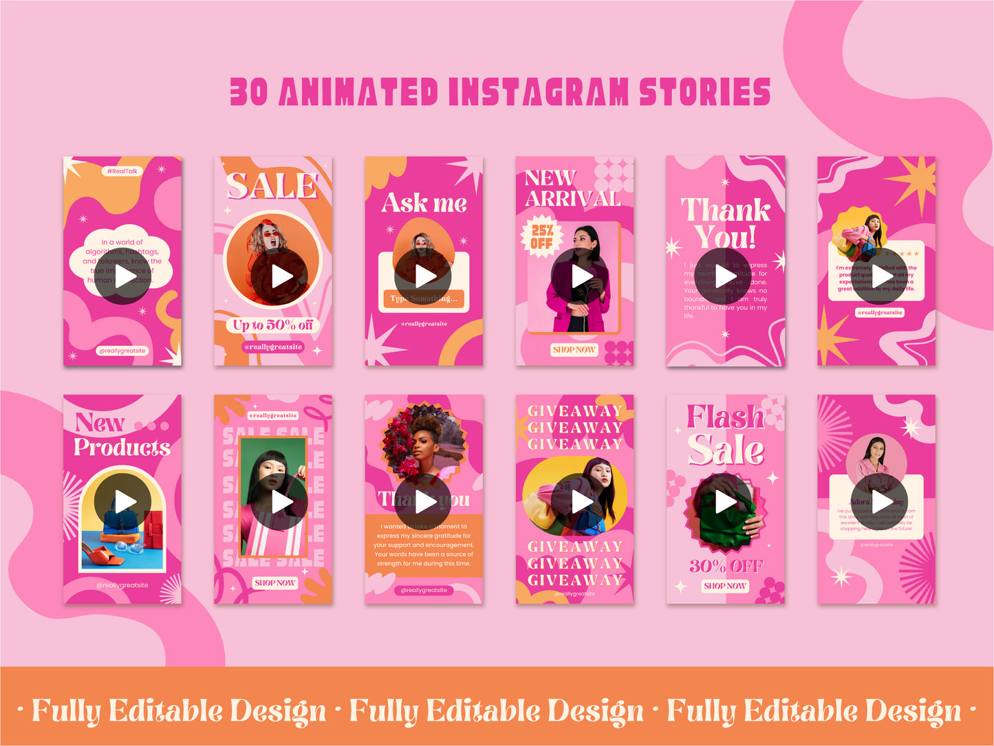 30 Animated  Instagram Stories Canva Templates Giveaways Post Social Media Templates IG Stories Engagement Pastel Pink