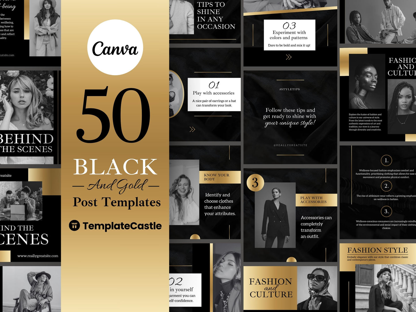 50 Post Templates Canva Black And Gold Instagram Post Luxury Customizable Post IG Quotes Social Media Business Templates Editable In Canva