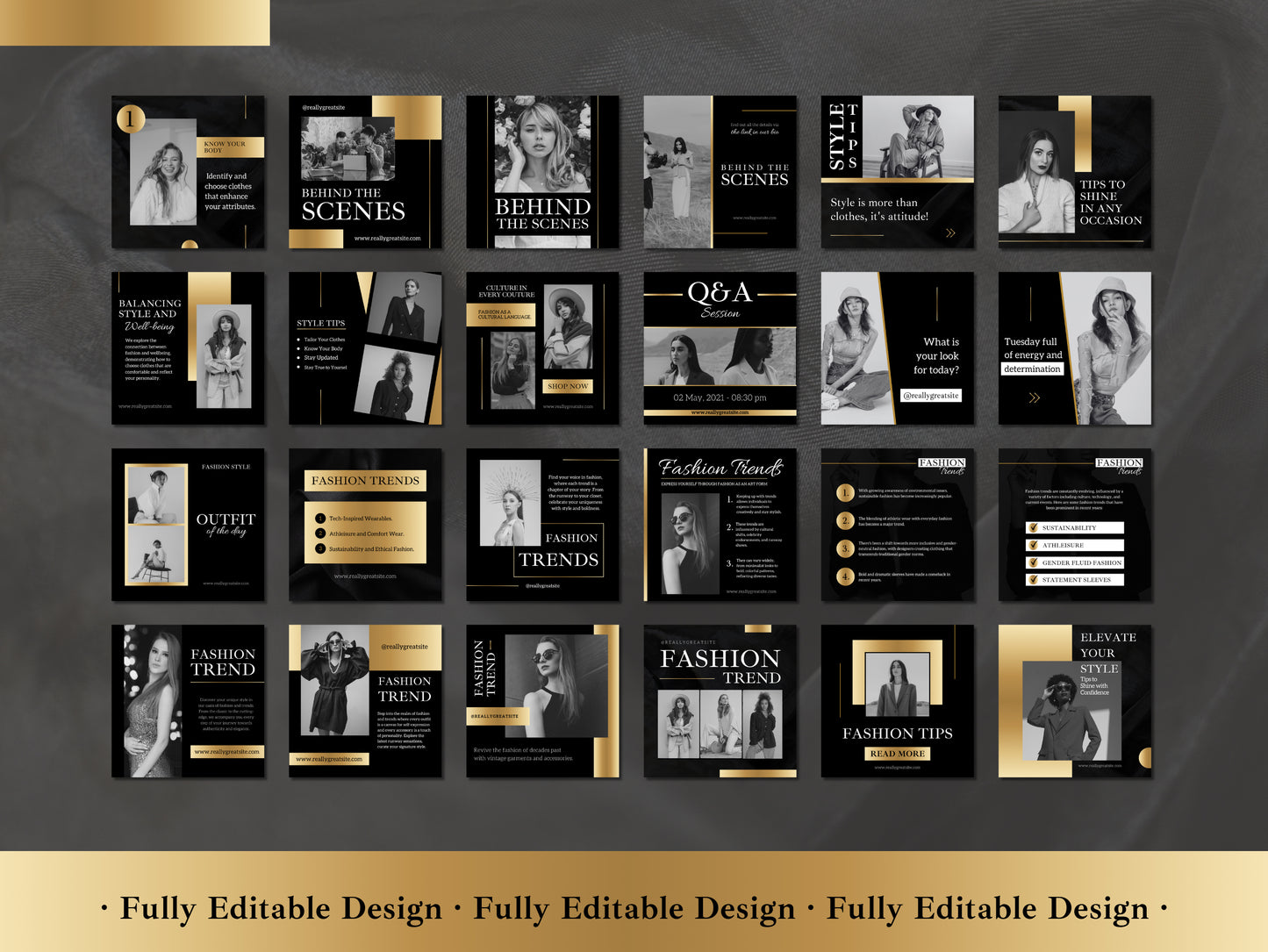 50 Post Templates Canva Black And Gold Instagram Post Luxury Customizable Post IG Quotes Social Media Business Templates Editable In Canva