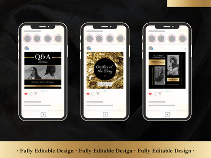 50 Post Templates Canva Black And Gold Instagram Post Luxury Customizable Post IG Quotes Social Media Business Templates Editable In Canva