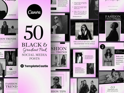 50 Fashion Posts Social Media Canva Templates Black & Gradient Pink Ig Fashion Post Template Fully Editable Fashion Ecommerce Social Media